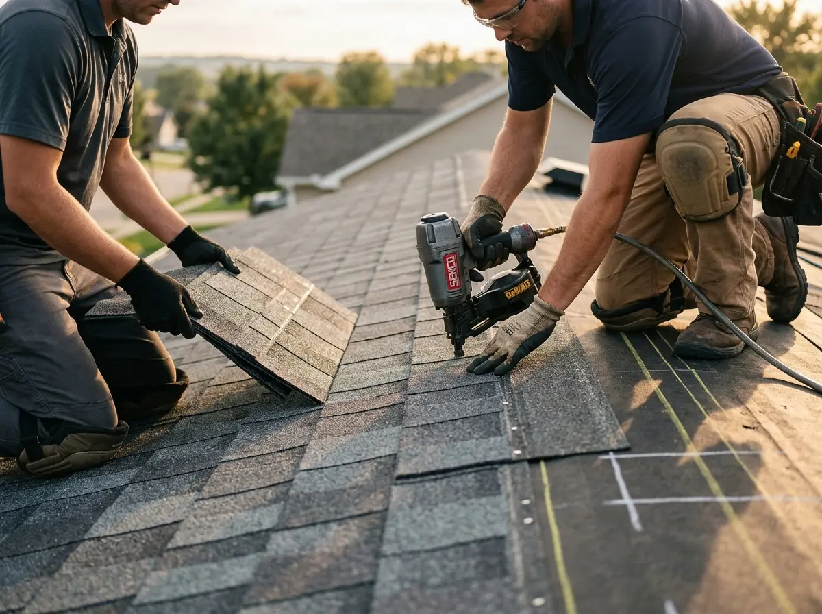 Professional roofer working on a residential roof in Parma